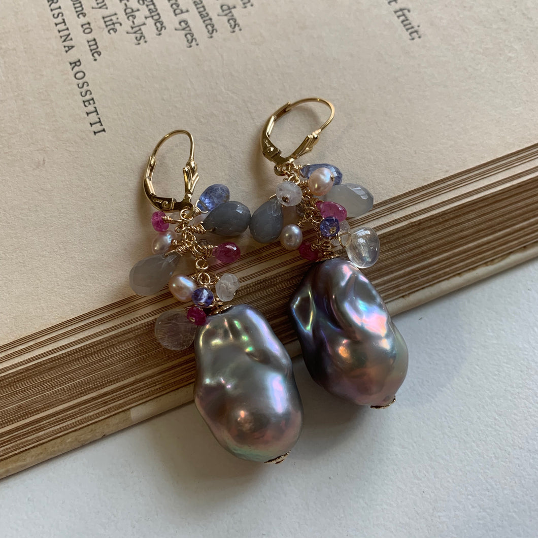 AAA Dark Silver Baroque Pearls & Gemstones 14kgf Earrings