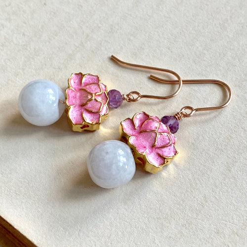 Blush Lotus & Lavender Jade 14k Rose Gold Earrings
