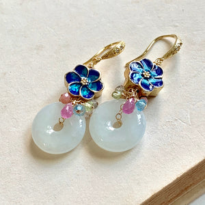 Cloisonne Sakura, Jade & Gemstones Gold Earrings