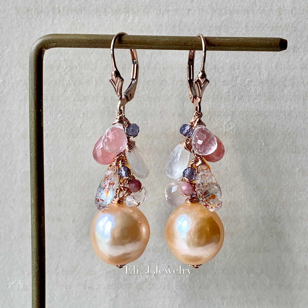 AAA Peach Edison Pearls, Pink & Orange Gems 14kRGF