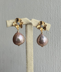 Pink Edison Pearls Flower Earrings