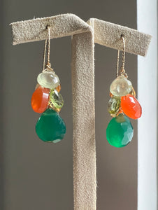 Green Onyx, Carnelian, Peridot 14kGF Earrings