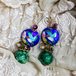 Carved Type A Jade Ball, Hummingbird Cloisonne Beads, Vintage Part, Gemstones 14kGF Earrings