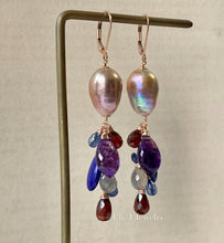 Load image into Gallery viewer, AAA Rainbow Champagne Edison Pearls, Amethyst, Garnet 14kRGF Earrings