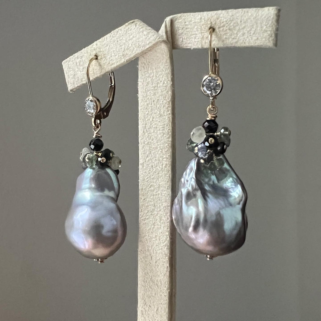 Silver Baroque Pearls, Spinel, Prehnite 14KGF Earrings