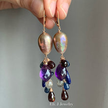 Load image into Gallery viewer, AAA Rainbow Champagne Edison Pearls, Amethyst, Garnet 14kRGF Earrings