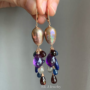 AAA Rainbow Champagne Edison Pearls, Amethyst, Garnet 14kRGF Earrings