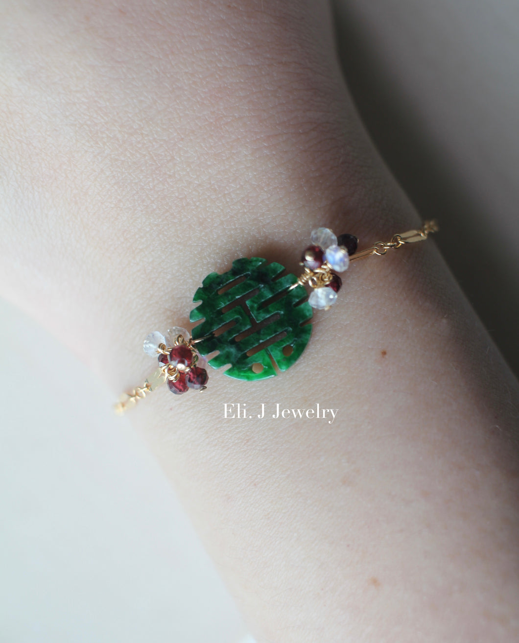 Exclusive: 喜喜 Double Happiness Type A Dark Green, Lavender, Mint Green Jade 14kGF Bracelet/Necklace