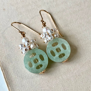 Carved Type A Apple-Green Jade & Pearls 14kGF Earrings