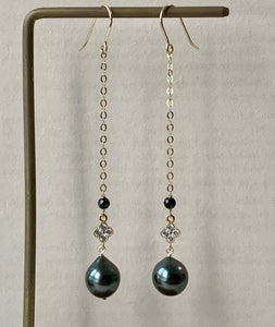 Tahitian Pearls, Spinel, Zirconia Clover Long Earrings