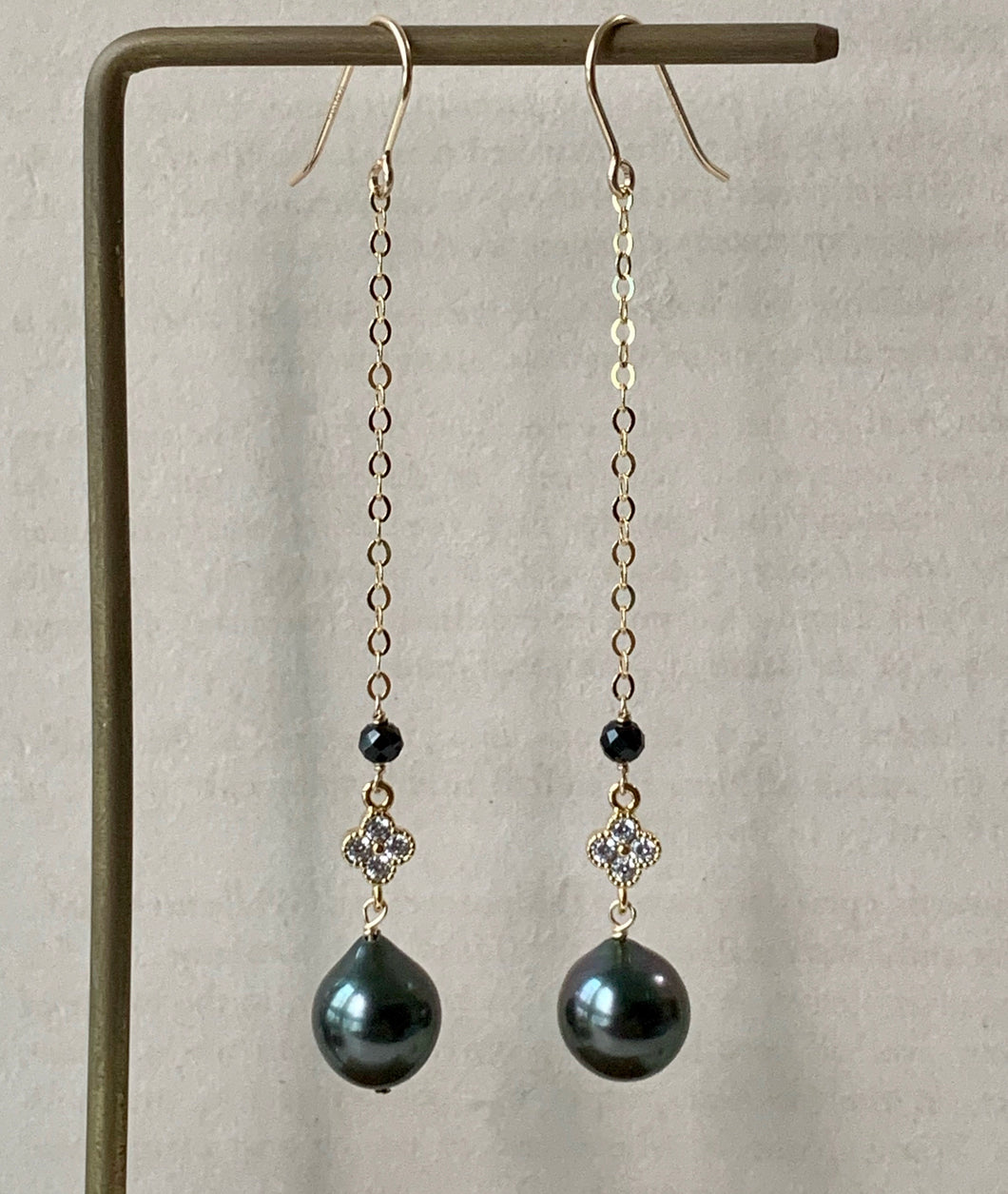 Tahitian Pearls, Spinel, Zirconia Clover Long Earrings