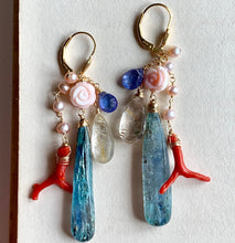Load image into Gallery viewer, Sand &amp; Sea- Kyanite, Coral, Pearls 14k Gold Filled Earrings