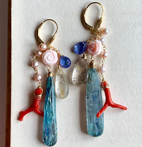 Sand & Sea- Kyanite, Coral, Pearls 14k Gold Filled Earrings