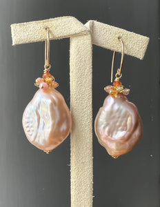 Peach-Pink Large Flat Pearls with Gems 14kGF Earrings