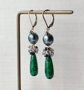 Custom-Cut Dark Green Type A Jadeite Drops, Tahitian Pearls & Gems 14kGF