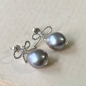 Silver Baroque Pearls & Rhodium Plated Ribbon Studs