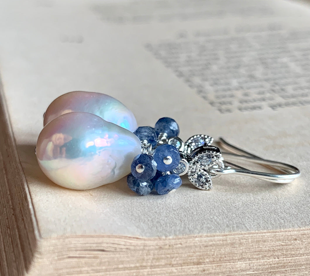 White Pearls, Sapphire & Bee on 925 Sterling Silver