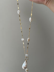 Long Pearl, Icy Jade, Keshi 14kGF Necklace
