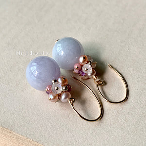 Big Lavender Jade Balls, Gems & Pearl 14kGF Earrings