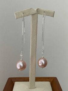 Peach Round Edison Pearls, Rainbow Moonstone 925 Threader Earrings