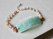 Load image into Gallery viewer, Exclusive to Eli. J: Type A Mint Green Carved Jadeite Bar, Pearls, Rhodocrosite, Sunstone Bar Bracelet 14kGF