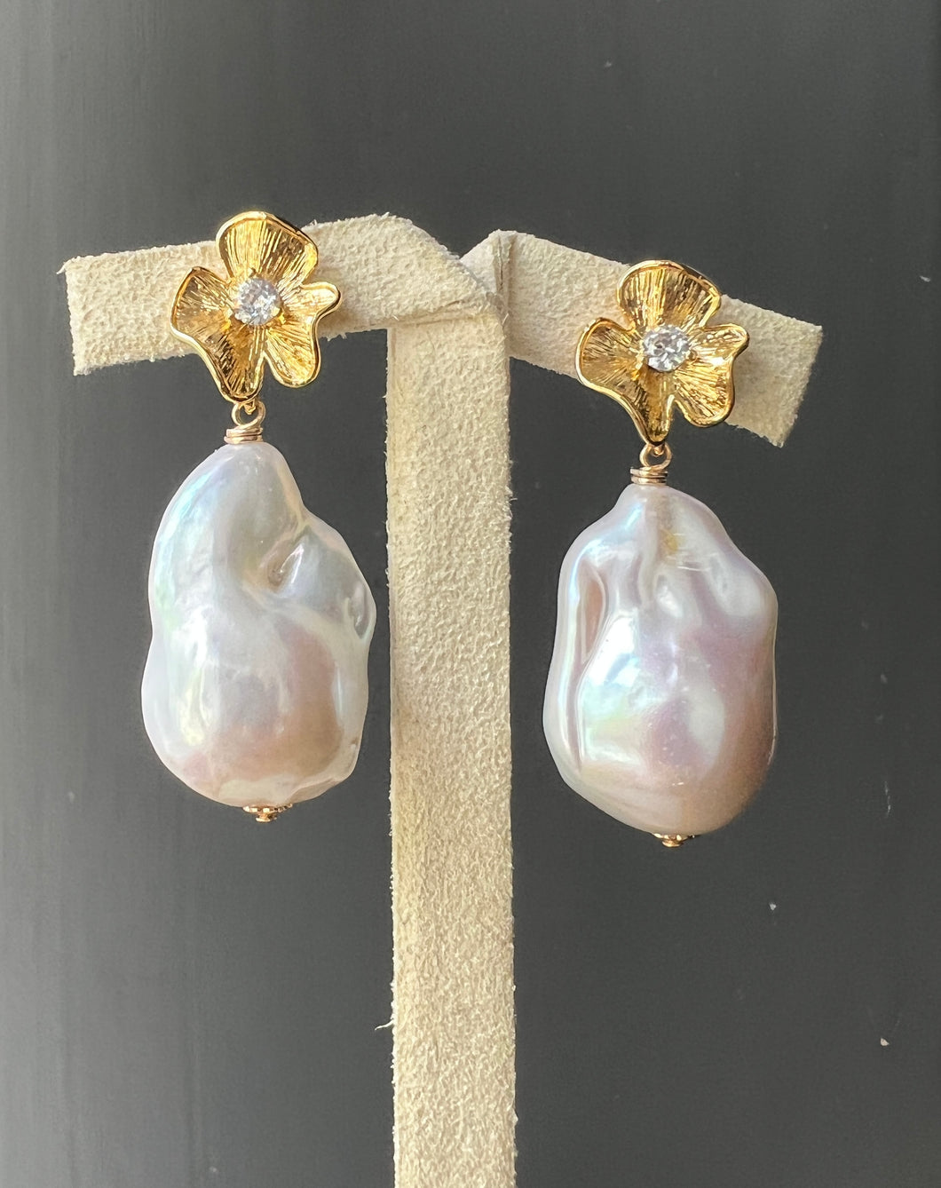 Ivory Baroque Pearls Gold Floral Earrings