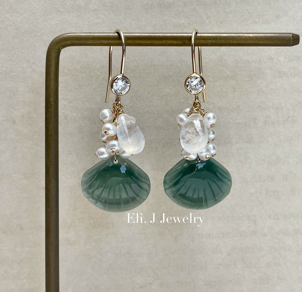 Exclusive to Eli. J: Teal Blue-Green Jade Shells, Rainbow Moonstone & Pearls Earrings