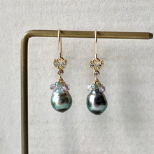 Load image into Gallery viewer, AA- AAA Olive-Peacock Tahitian Pearls, Apatite, Spinel Bee 14kGF Earrings
