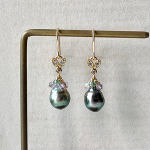 AA- AAA Olive-Peacock Tahitian Pearls, Apatite, Spinel Bee 14kGF Earrings