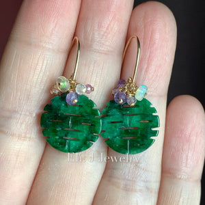 喜喜 #5: Double Happiness Old-Mine Jade & Opal & Gems 14kGF Earrings