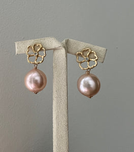 Large Peach Edison Pearls on Open-Flower Studs