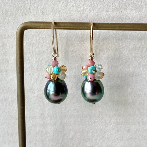 AAA Peacock Tahitian Pearls & Sweet Gemstone Cluster 14kGF