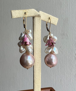 Peony: Pink Edison Pearls, Keshi Pearls & Vtg Flowers 14kGF Earrings