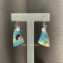 Load image into Gallery viewer, Big Bear &amp; Old Faithful at Yellowstone- Labradorite, Sapphire 14kGF Earrings