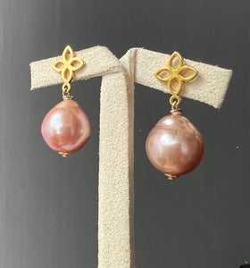 Peach-Bronze Edison Pearls Fleur de Lis Earrings