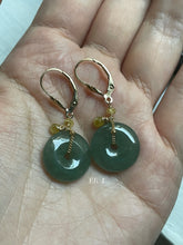 Load image into Gallery viewer, Deep Green Jade Donuts &amp; Yellow Diamonds 14kGF Earrings