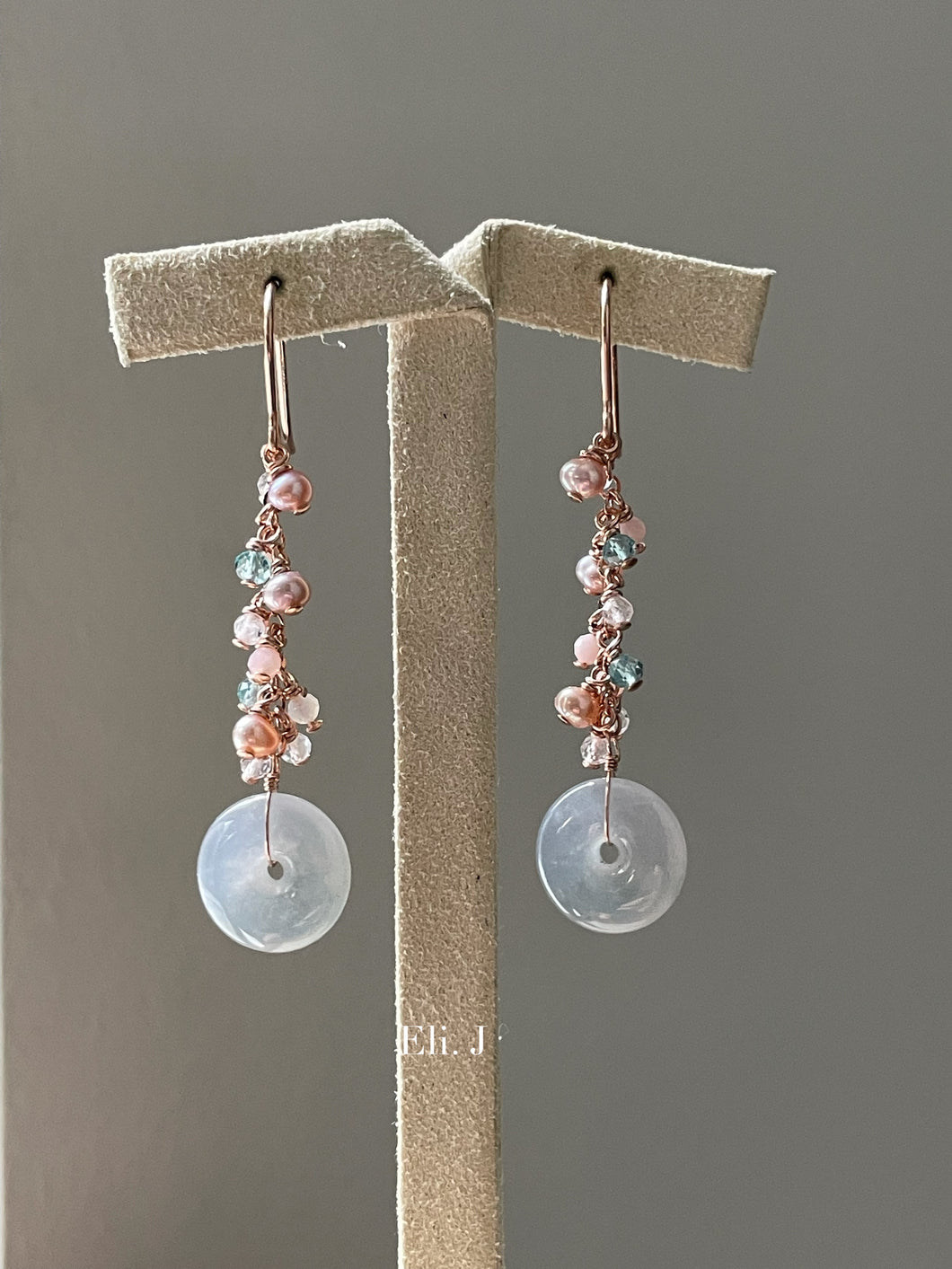 Petite Icy Jade Donuts, Pink Pearls, Gemstones 14kRGF Earrings