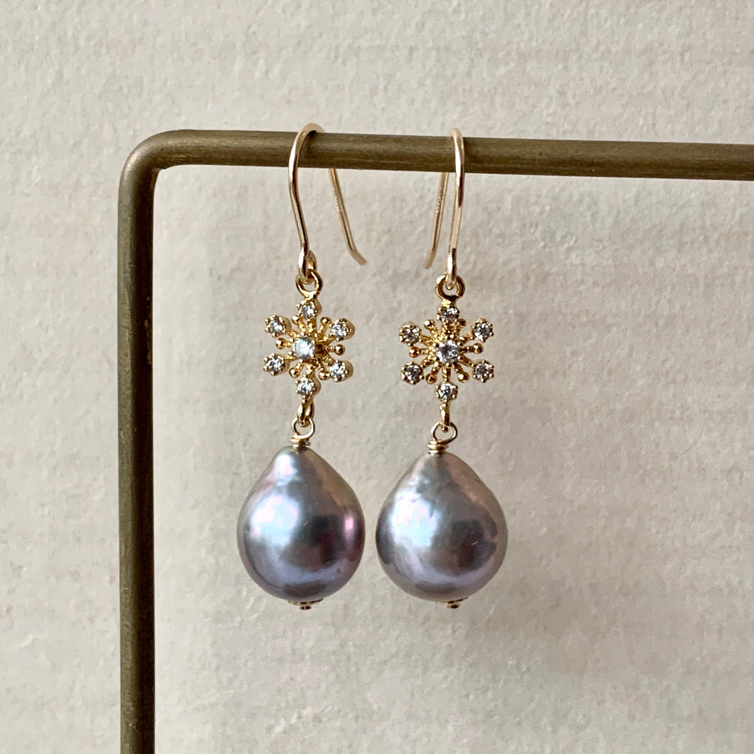 Silver Baroque Pearls Snowflake 14kGF Earrings