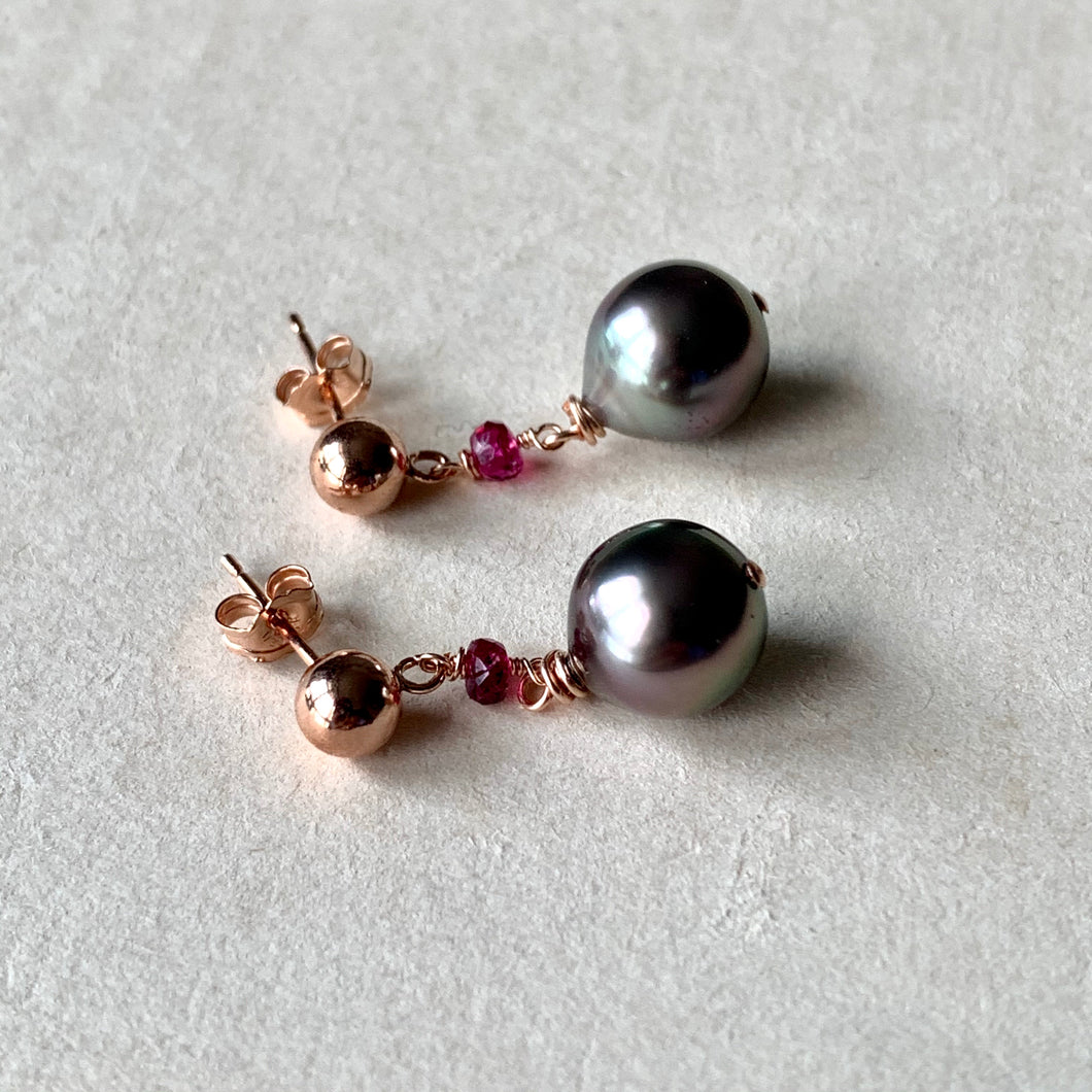 AAA Rose Tahitian Pearls, Pink Tourmaline 14kRGF Studs