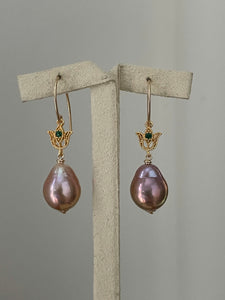 Mauve Peach Rainbow Edison Pearls Tulip 14kGF Earrings