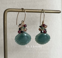 Load image into Gallery viewer, Eli. J Exclusive: Bluish-Green Jade Shells, Garnet, Spinel Earrings