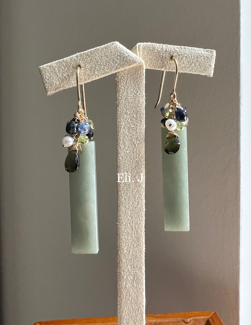 Exclusive Dark Green Jade Bars, Blue & Green Gemstones 14kGF Earrings