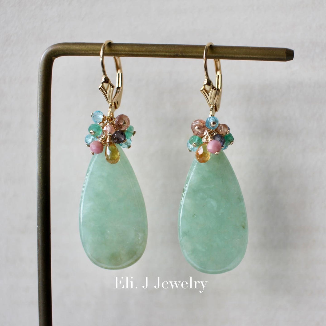 Large Apple Green (With Slight Yellow) Type A Jade, Yellow Sapphire & Rainbow Gems 14kGF Earrings