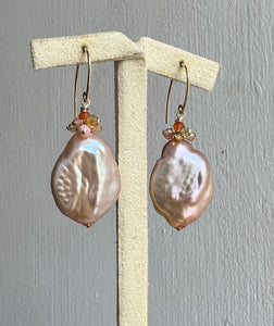 Peach-Pink Large Flat Pearls with Gems 14kGF Earrings