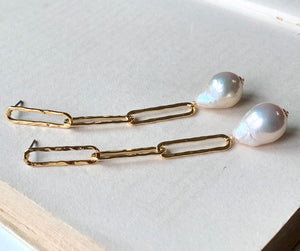 White Pearls & Hammered Gold Link Earrings