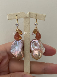 Peach-Purple AAA Baroque Pearls with Rainbow Gemstones 14kGF Earrings