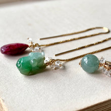 Load image into Gallery viewer, Green Jade Piggie, Ruby &amp; Herkimer Diamonds 14kGF Threader Trio