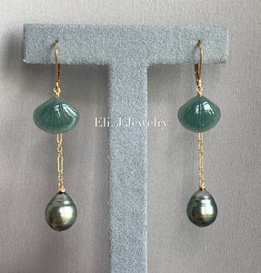 Eli. J Exclusive: Bluish-Green Type A Jade Shells, AA Tahitian Pearls Interchangeable 14kGF Earrings