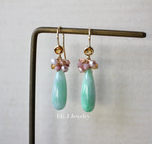 Load image into Gallery viewer, Custom-cut Type A Mint Green Jade Drops &amp; Pink Pearls 14kGF Earrings