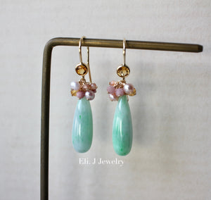 Custom-cut Type A Mint Green Jade Drops & Pink Pearls 14kGF Earrings